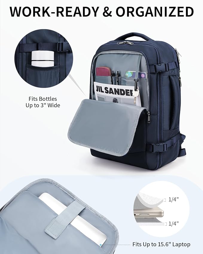 ECOHUB Carry On Travel Backpack, Expandable Airlines Personal Item Bag 18x14x8, Water Resistant 17 inch Laptop Backpack Flight Approved, 12 Pockets 30L Work Backpacks with Wet Pocket Cable Slot, Blue