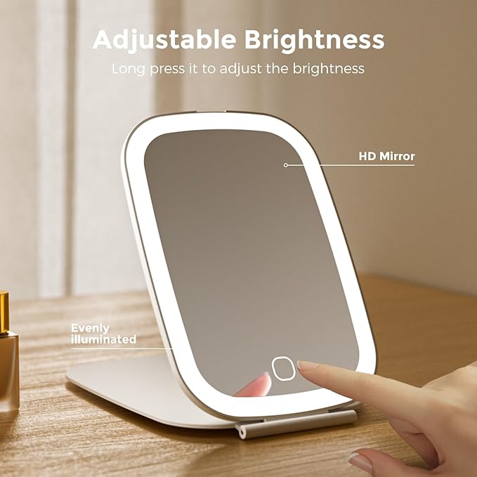 NEZZOE Travel Mirror with LED Light, Rechargeable Portable Lighted Makeup Mirror, 3 Lighting Modes Dimmable Touch Control, Foldable Compact Vanity Mirror for Travel Tabletop, 7x5 Inch