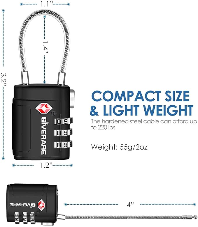 2 Pack TSA Approved Luggage Locks, Cable Travel Lock Alloy, Set Your Own Combination Metal Suitcase Zipper Padlock, 3-Digit Long Shackle Padlocks for Gym Locker, Golf Bag, Case Anti Theft-Black