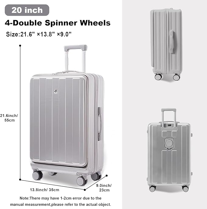 Gets Carry on Luggage Airline Approved,20 Inch Abs+Pc Hardshell Spinner Luggage With Cup Phone Holder and USB Charger,Front Pocket Durable Suitcase for Women Men-Silver