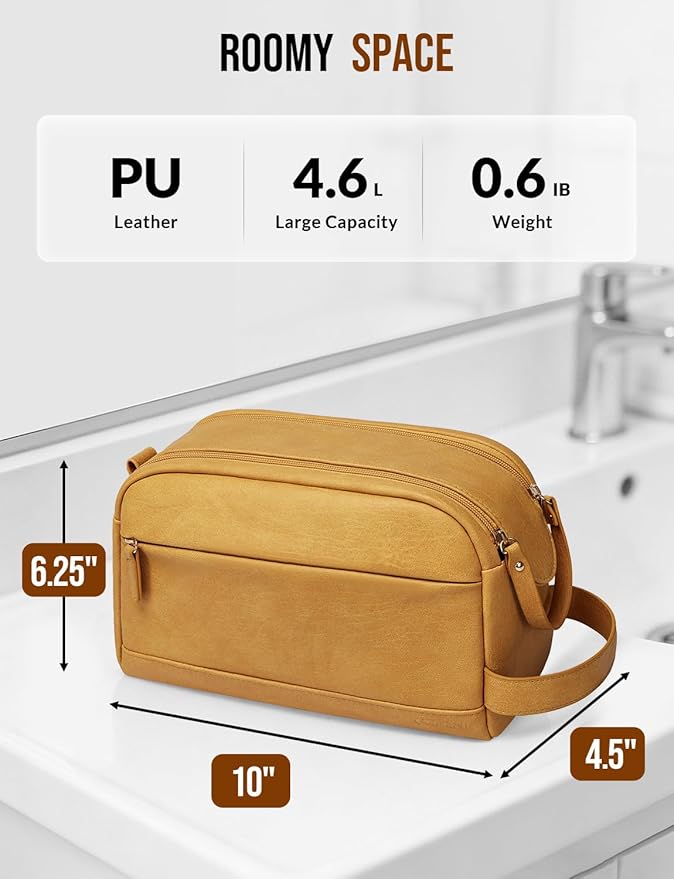 PU Leather Toiletry Bag for Men - Water Resistant Travel Bag for Toiletries, Bathroom Essentials, Accessories - Yellow