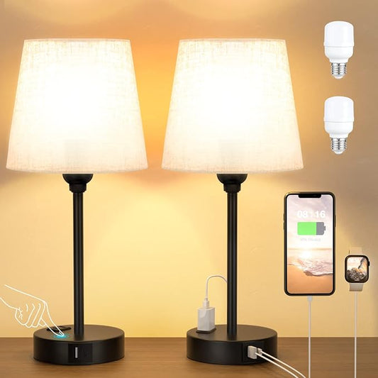 Bedside Table Lamps Set 2 for Bedroom - Dimmable Touch, USB C+A, AC Outlet | 14.5" Mini Lamp, 3-Way Dimmable, LED Bulbs Included, Trapezoid Barrel Fabric Lampshade, Nightstand Light for Guest Room, Kids