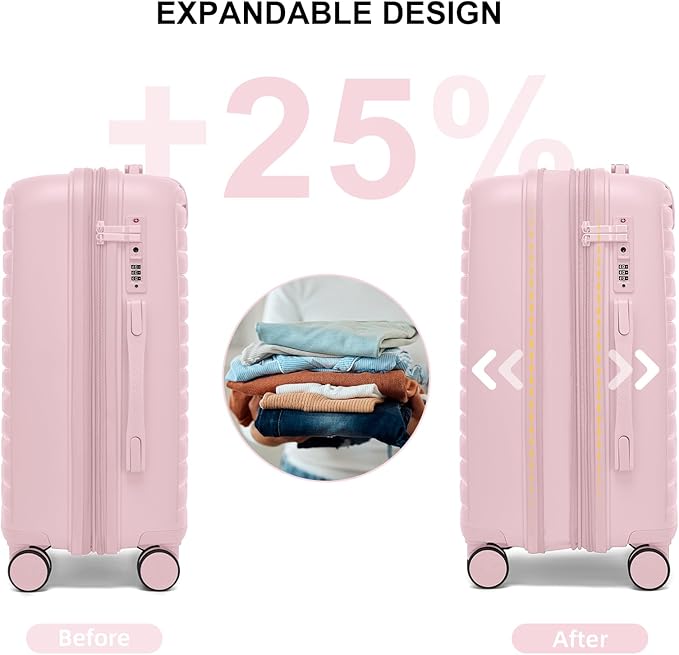LARVENDER Luggage Sets 3 Piece, Expandable Hardside PP Carry On Luggage Suitcase with 360° Spinner Wheels TSA Lock Suitcase Set for Women Men, Light Pink