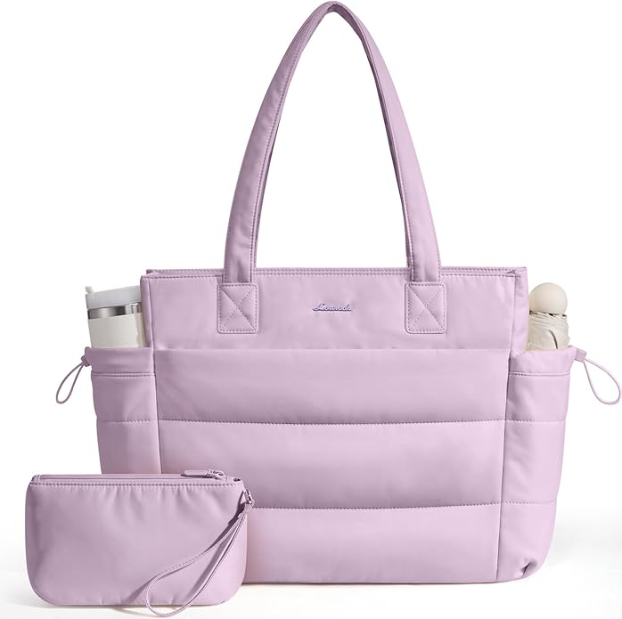 LOVEVOOK Tote Bag for Women with Giant Tumbler Holder Pocket, Puffer Work Travel Laptop Handbag with Zipper for Nurse Teacher