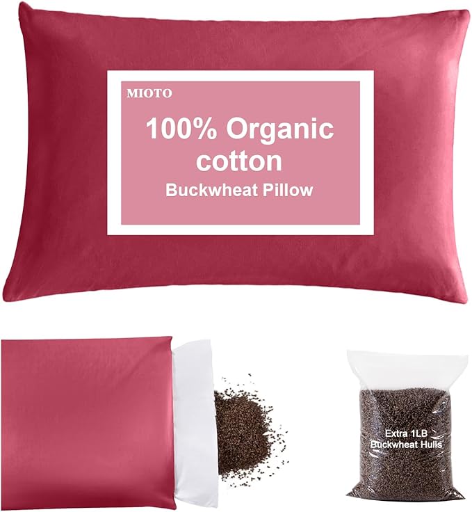 Organic Buckwheat Pillow for Sleeping with Dual-Layer Pillowcase and Extra Tartary Buckwheat Hulls, Adjust Height and Firmness, Neck Support Pillow for Back and Side Sleepers 20"x26", Burgundy