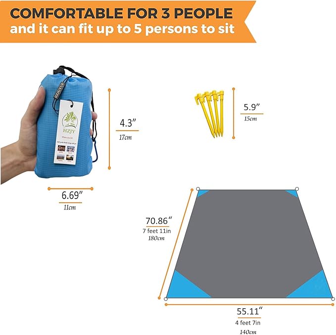 Pocket Blanket 71"x55", Lightweight Compact Sandproof Waterproof Outdoor Blanket for Beach, Hiking, Camping, Travel, Festivals, Picnic with Pockets, Loops, Stakes, Carabiner