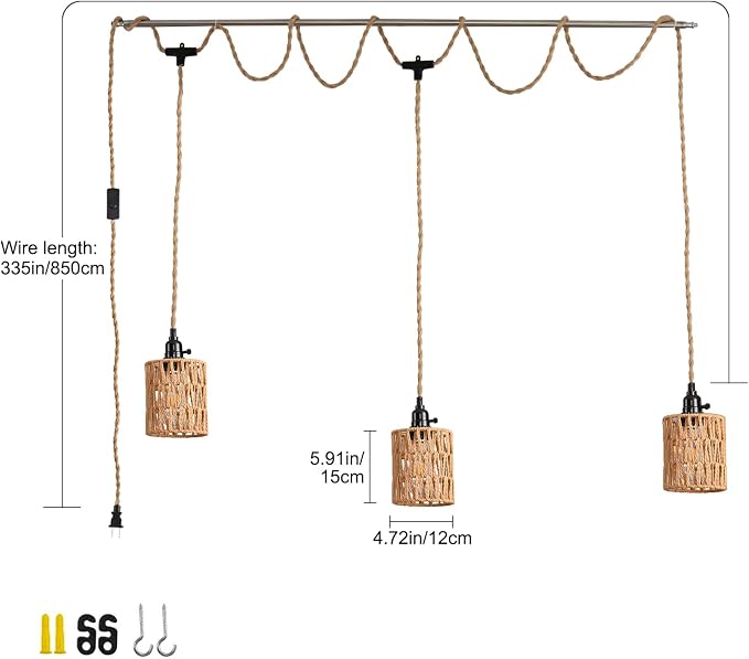 3-Light Hanging Light with Plug in Cord,Plug in Pendant Light 22ft Hemp Rope Pendant Lighting Vintage 3-Light Hanging Lamp Fixtures for Kitchen Island Living Room Bedroom