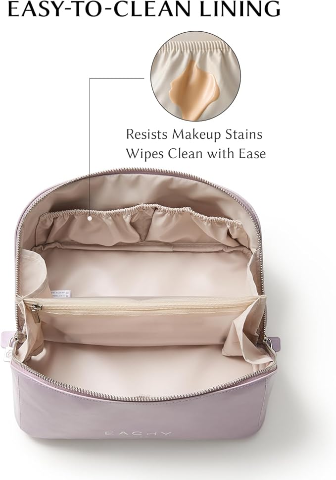 EACHY Travel Makeup Bag, Large Capacity Cosmetic Bag for Women, Waterproof PU Leather, Flat Open Portable Toiletry Bag for Skincare, Brushes & Travel Essentials