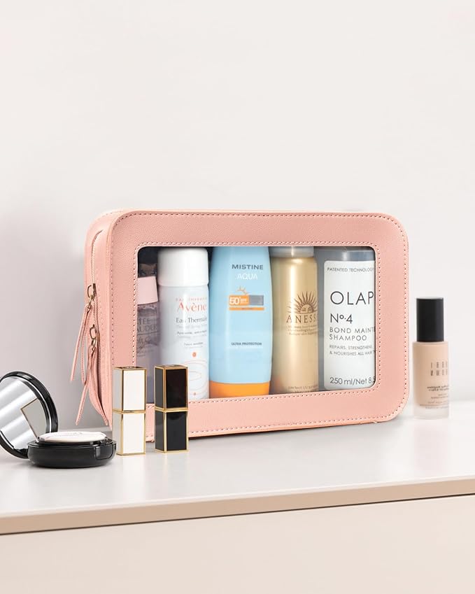 LETGO Clear Toiletry Bag, Portable Travel Makeup Pouch with Zipper, TSA Approved Organizer, PVC Cosmetic for Airport Airline Compliant Pink Car Accessories for Women (Pink)