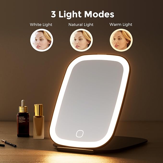 NEZZOE Rechargeable Travel Makeup Mirror with LED Light, 3 Lighting Modes, 7x5 Inch Foldable Vanity Mirror for Desk or On The Go, Black