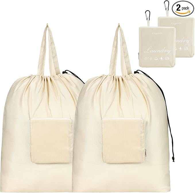 GOGOODA Travel Laundry Bags with Drawstring Closure XL Large Foldable Dirty Clothes bags with Handle Heavy Duty and Washable for College Dorm Travelling Camping, 2 Pack, Beige
