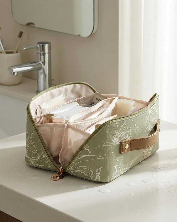 EACHY Travel Makeup Bag, Large Capacity Cosmetic Bags for Women, Waterproof Portable Pouch Open Flat Toiletry Bag Pattern Make up Bag (F-Green)
