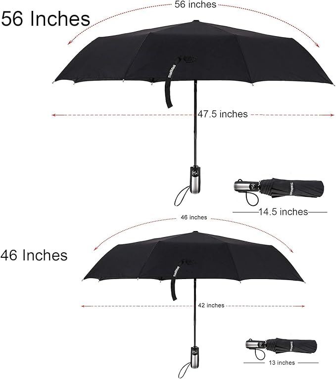 TradMall Travel Umbrella Windproof with 56 Inches Large Canopy 10 Reinforced Fiberglass Ribs Ergonomic Handle Auto Open & Close, Black