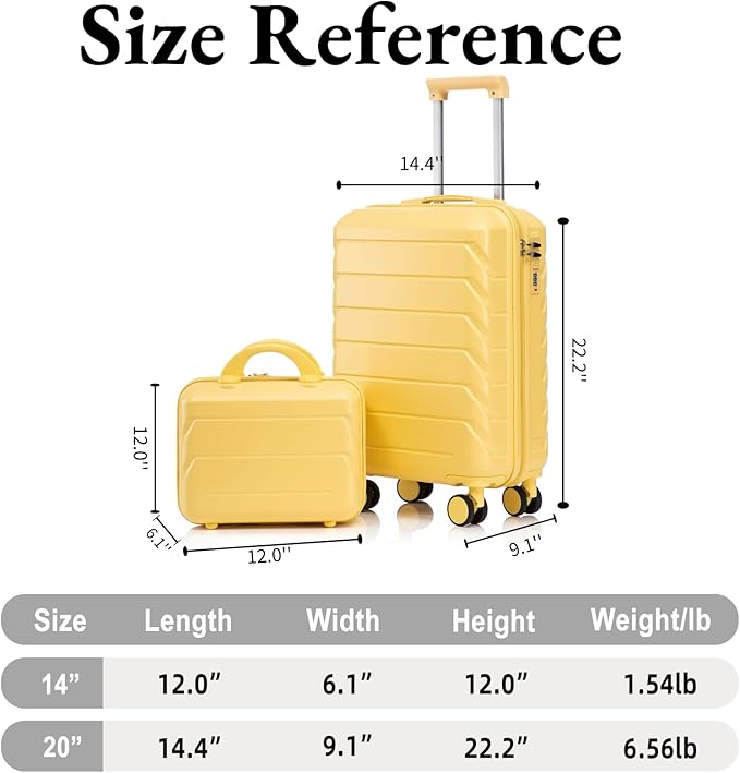 2-Piece ABS Hard Shell Lightweight Carry-On Luggage Set (14" & 20"), 360-Degree Spinner Wheels, Adjustable Telescopic Handle and Combination Lock for Travel, Yellow
