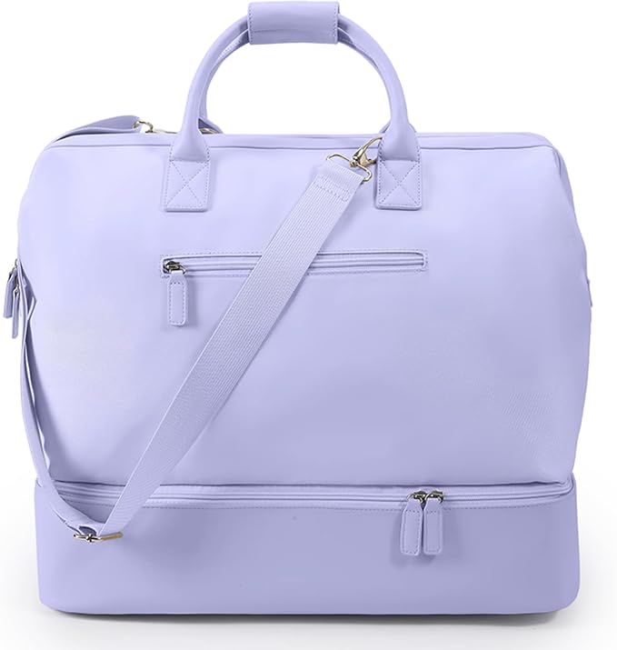 NOBL Travel Weekender Bag for Women & Men, Large Duffel Carry-On Tote with Trolley Sleeve, Separate Shoe Compartment & Laptop Pocket, Leather Overnight Bag for Airplane, Gym, Road Trips - Lavender