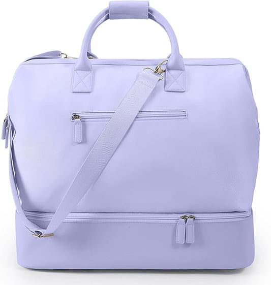 NOBL Travel Weekender Bag for Women & Men, Large Duffel Carry-On Tote with Trolley Sleeve, Separate Shoe Compartment & Laptop Pocket, Leather Overnight Bag for Airplane, Gym, Road Trips - Lavender