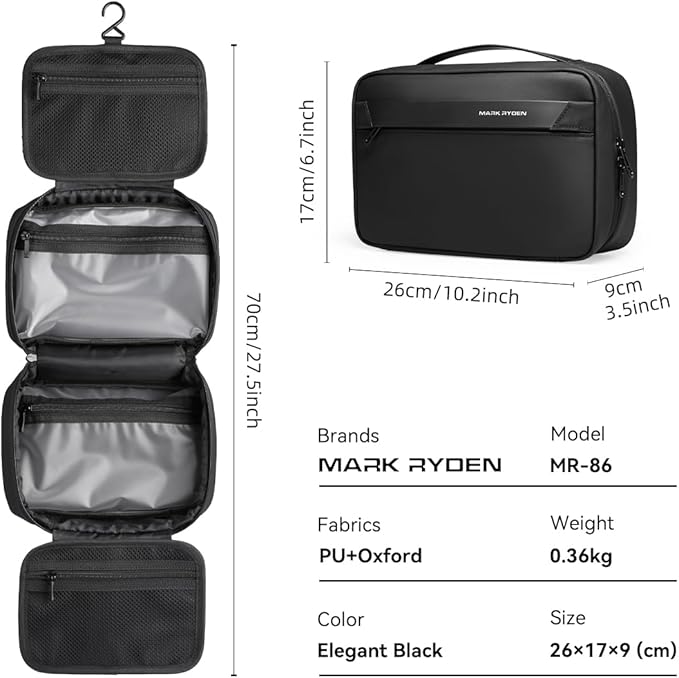 MARK RYDEN Toiletry Bag for Men, Travel Toiletry Organizer Dopp Kit Water-resistant Shaving Bag for Toiletries Accessories (Black)