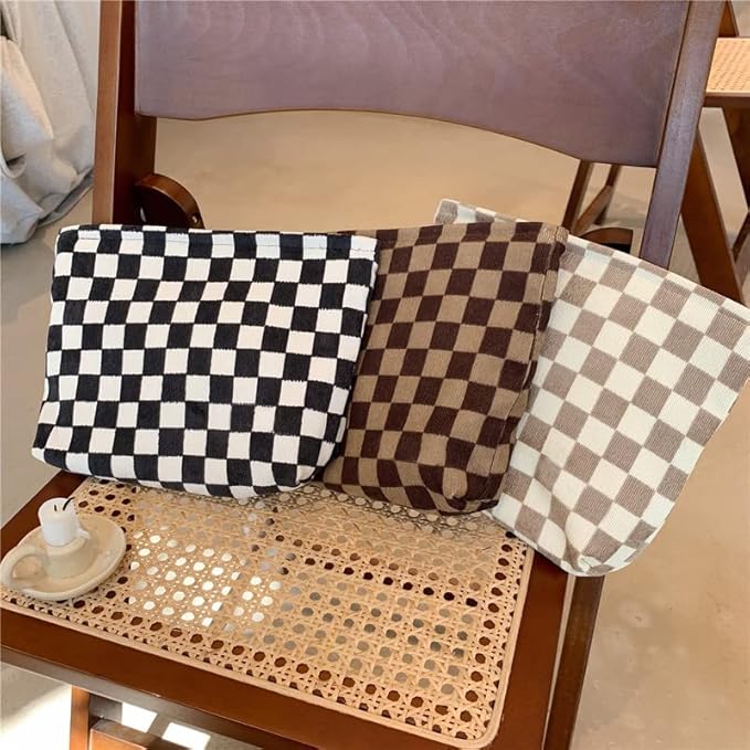PAZIMIIK Makeup Bag Large Zipper Corduroy Make Up Pouch for Purse Travel Canvas Cosmetic Organizer for Women Brush Storage,Checkered Black