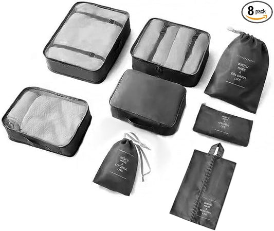 8 Pieces Mesh Packing Cubes for Travel, Luggage Packing Organizers Bags Set, Travel Essentials Suitcases Accessories with Laundry Bag, Storage Shoe Bag, Clothing Underwear Bag (Black, 8 set)