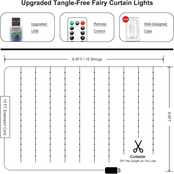 Fairy Curtain Lights Upgraded Tangle-Free Warm White USB Plug in 8 Modes String Hanging Lights with Remote for Christmas, Bedroom, Indoor, Outdoor, Weddings, Party (6.6FTx6.6FT)