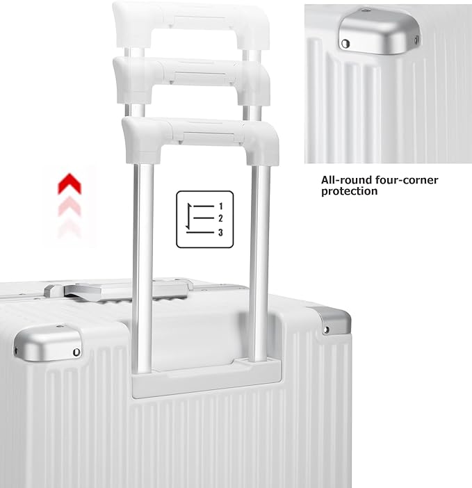 feilario 26in Super Large Captain Aluminum Frame Hardside Spinner Wheels Luggage, Zipperless Checked Suitcase with Cup Holder/Phone Holder (Ivory White,26in)