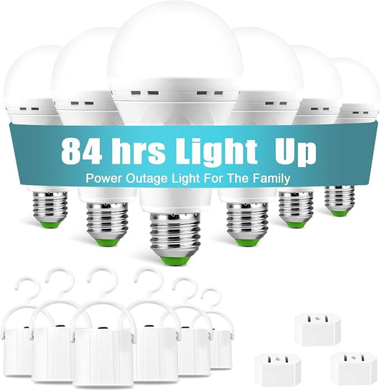 6 Pack Rechargeable Emergency Light Bulbs, Battery Powered Bulb | 6000K Daylight E26 12W 60W Equivalent with 1500mAh for Home Power Outage Camping Hiking(6 Bulbs, 6 Hooks,3 Plug Caps)