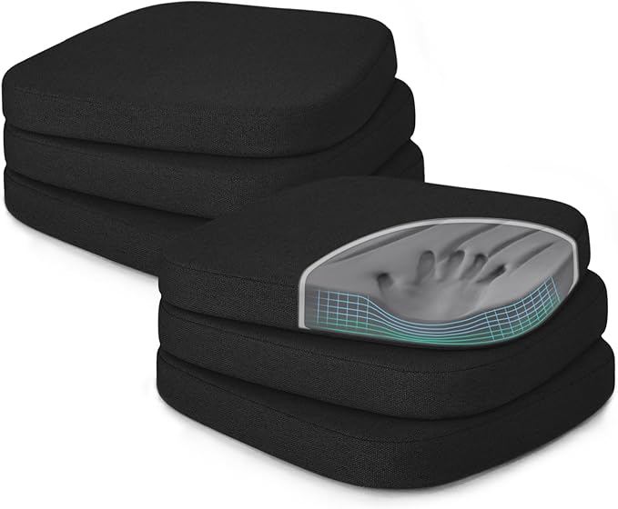 Shinnwa Dining Chair Pads Set of 6, Patented Design Memory Foam Kitchen Chair Cushions with Ties and Washable Cover, 6 Pack, 17" x 16" x 2", Black