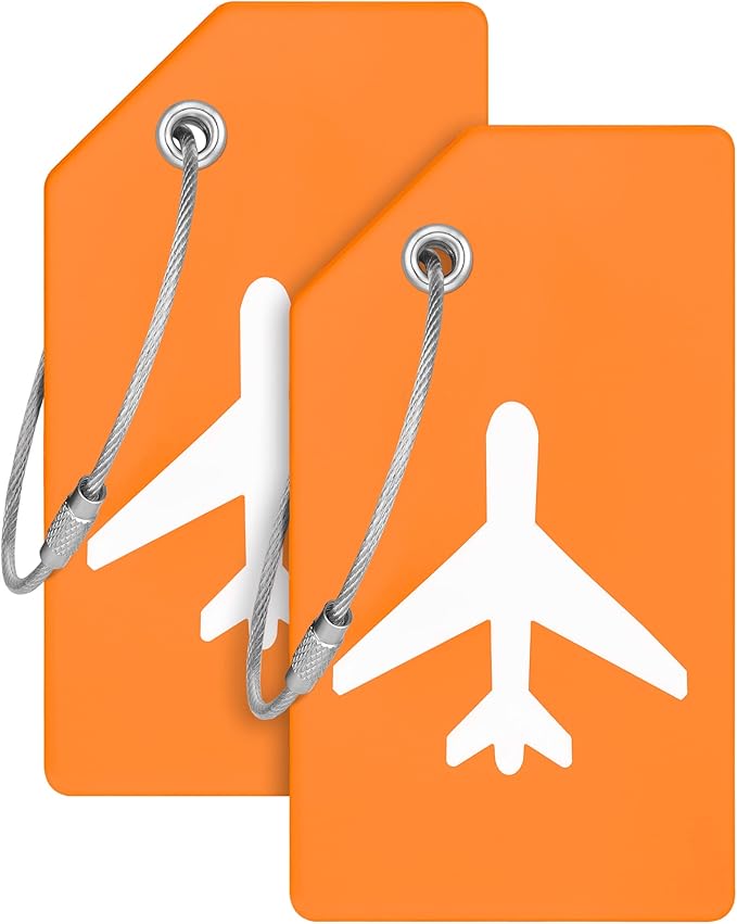 Mifflin-USA Silicone Luggage Tags (Orange, 2 Pack) with Plane Embedded Design & Name ID Card; Bright Colors to Quickly Find Your Bag