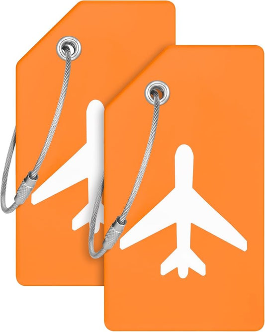 Mifflin-USA Silicone Luggage Tags (Orange, 2 Pack) with Plane Embedded Design & Name ID Card; Bright Colors to Quickly Find Your Bag