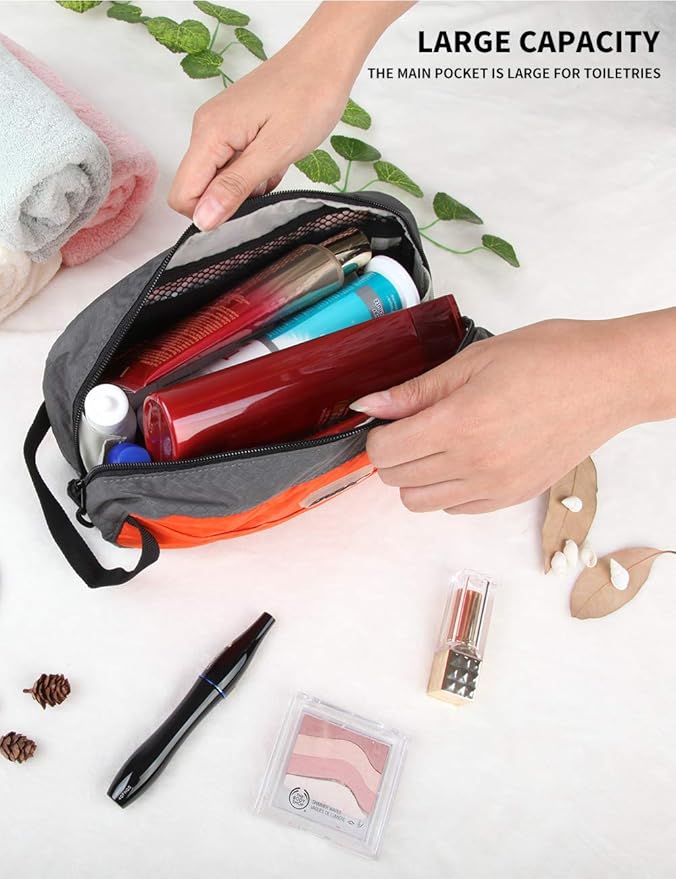 GOX Travel Small Toiletry Bag for Men Nylon Dopp Kit Medicine Bag Travel Organizer Pouch Shave Kits for Teens Toiletry Essentials Bathroom Compact (Orange, 9.8 * 4.3 * 3.3 Inches)