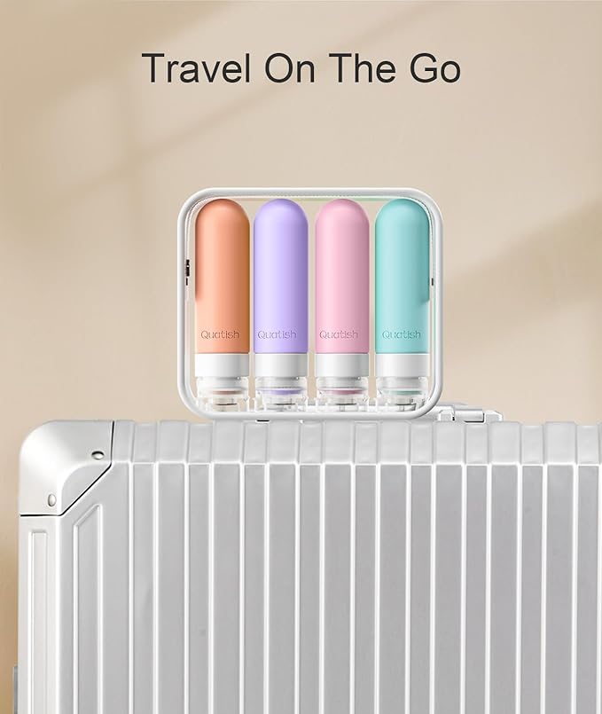 Quatish Travel Bottles for Toiletries, Original Patented Leak Proof Travel Size Toiletries, 3 oz Tsa Approved Silicone Shampoo and Conditioner Bottles, Travel Essentials, 4 Pack, Pink