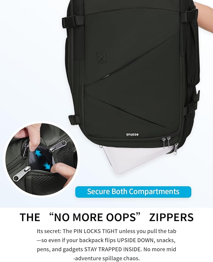 ECOHUB 17" Small Unisex Travel Backpack United Airlines Approved 17x10x9 Friendly Suitcase Anti-Theft Lockable Zippers Style Personal Item Bag Travel Essentials with 12 Pockets Water Resistant, Green