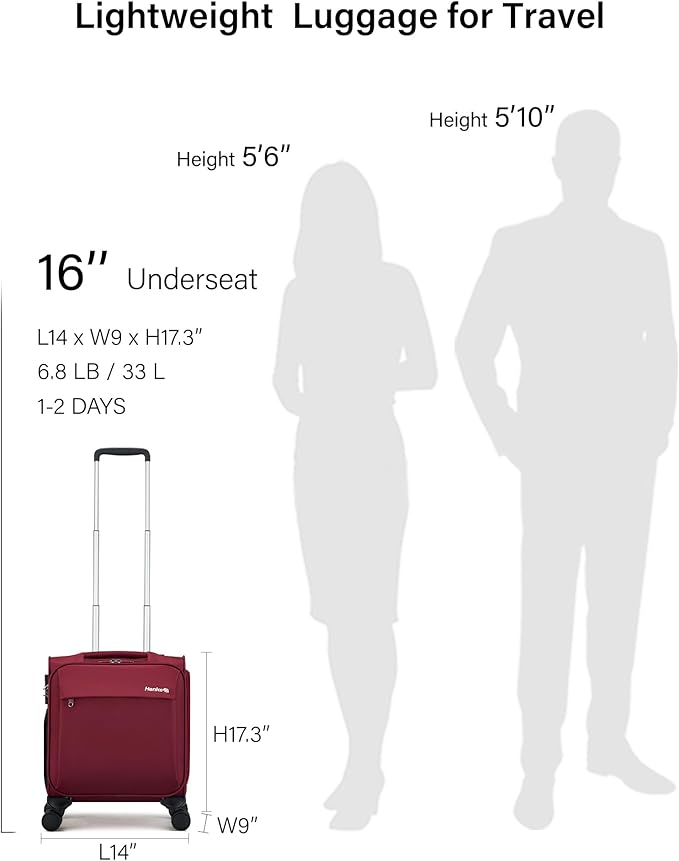 Hanke 16 Inch Underseat Carry On Luggage with Wheels Small Suitcase Softside Luggage Bags for Travel Lightweight Suitcases with Wheels Travel Luggage Personal Item for Men and Women(Burgundy)