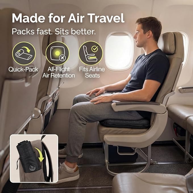 Whispering Winds Inflatable Seat Cushion - Comfortable Blow-up Foam Pad for Airplane, Travel, Stadium, Outdoors, Camping, Car & More