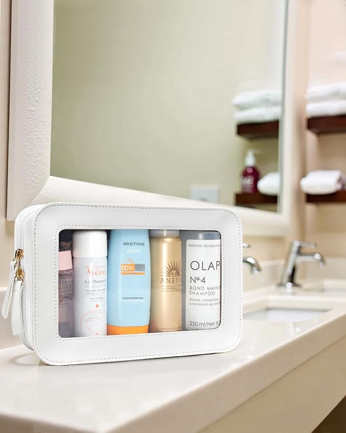 LETGO Clear Toiletry Bag, Portable Travel Makeup Pouch with Zipper, TSA Approved Organizer, PVC Cosmetic for Airport Airline Compliant (White)