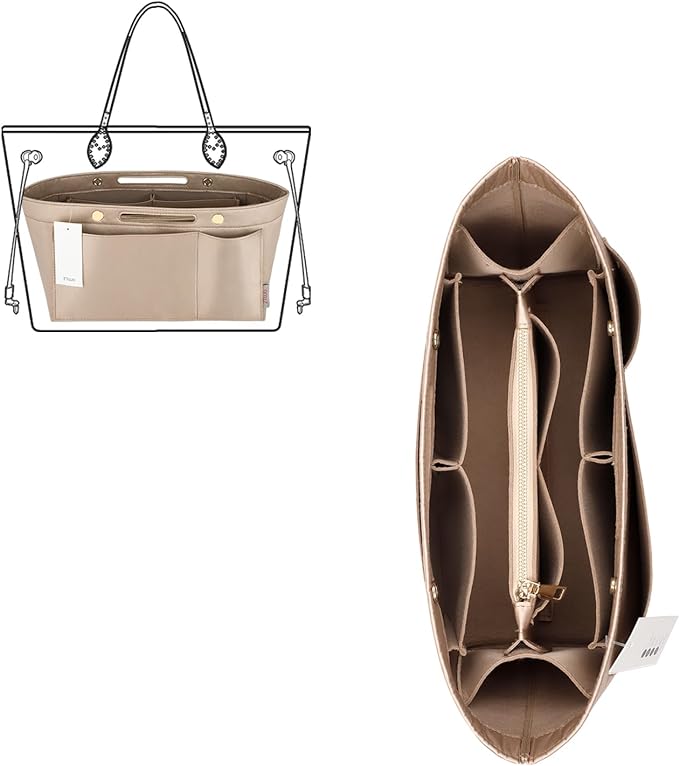 ZTUJO Purse Organizer Insert For Handbags, Silky Bag Organizer With 2 Zippers For Speedy Neverful Tote and More (Beige, Medium)