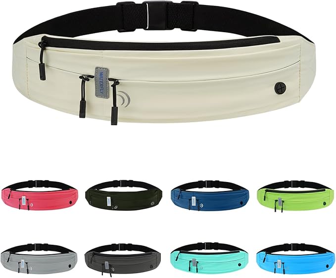 WATERFLY Running Belt Fanny Pack: Runner Marathon Jogging Waist Pack Sport Workout Exercise Fitness Phone Holder Belt for Men Women Jogger Slim Waistband Black