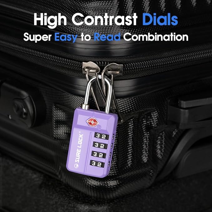 SURE LOCK TSA-Approved 4-Digit Resettable Combination Luggage Lock with Open Alert, Easy-Read Dials - for Luggage, School Lockers, Gym, Office, Toolbox & Security Cases (Purple 2 Pack)