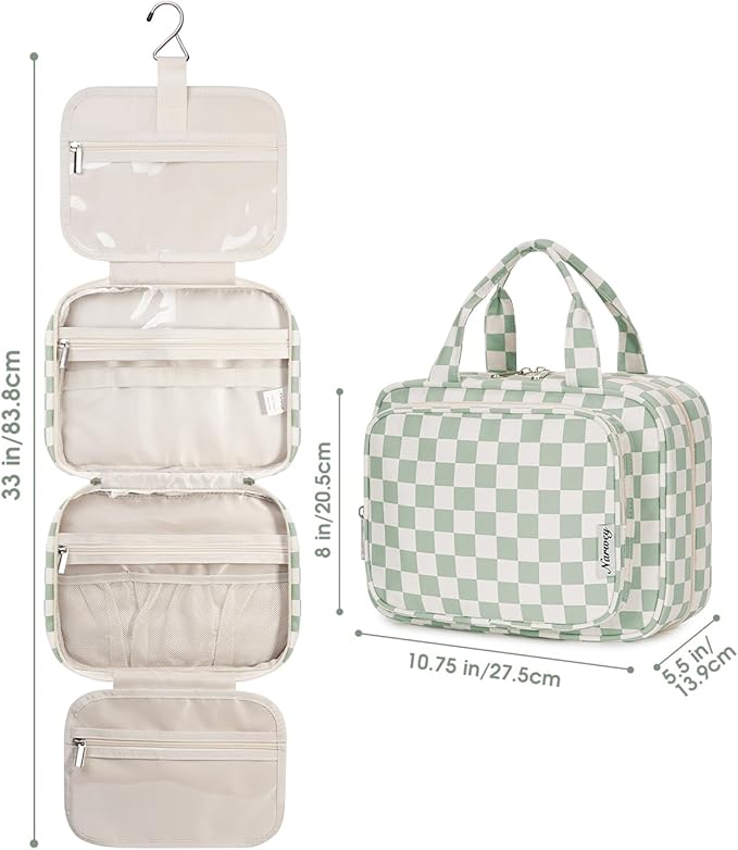 Narwey Hanging Toiletry Bag for Women Travel Checkered Makeup Bag Organizer Toiletries Bag for Travel Size Essentials, Accessories, Brushes, Cosmetics (Green Checkerboard (Medium))