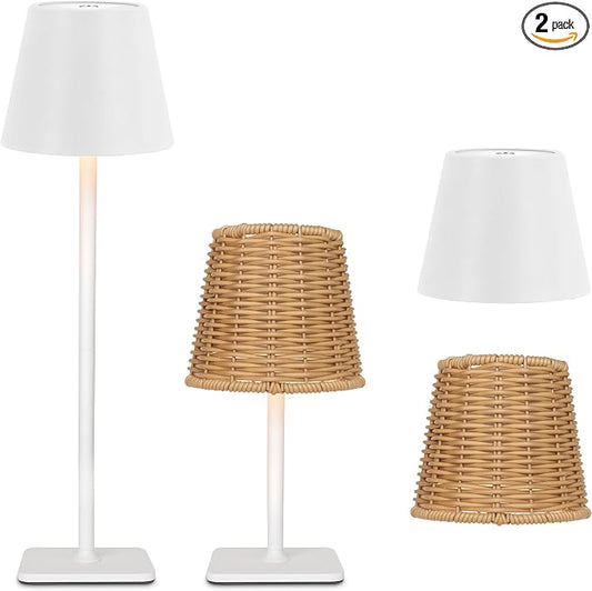 Mr. White Outdoor Waterproof Cordless Set of 2 Rechargeable Portable Top Touch Battery Operated Powered LED Table Lamp Desk Lamp Lights for Restaurant Kitchen Patio Dinner Dining (White 2 Pack)