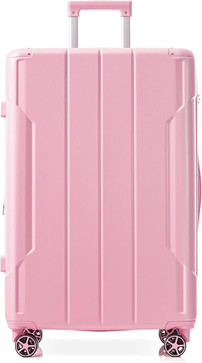28 Inch Checked-Large Luggage, Lightweight ABS Hard Shell Suitcase with Spinner Wheels, Expandable Travel Luggage with Combination Lock & Side Hooks for Men Women, Pink