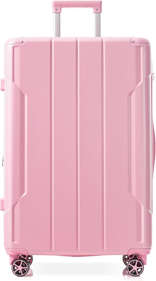 28 Inch Checked-Large Luggage, Lightweight ABS Hard Shell Suitcase with Spinner Wheels, Expandable Travel Luggage with Combination Lock & Side Hooks for Men Women, Pink