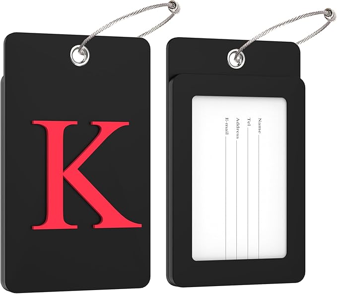 Gostwo 2 Pack Luggage Tags for Suitcases, 26 Initial Letter Travel Luggage Baggage Identification Labels ID Tag Fully Bendable Tags with Stainless Steel Loop (Black) (Letter K)