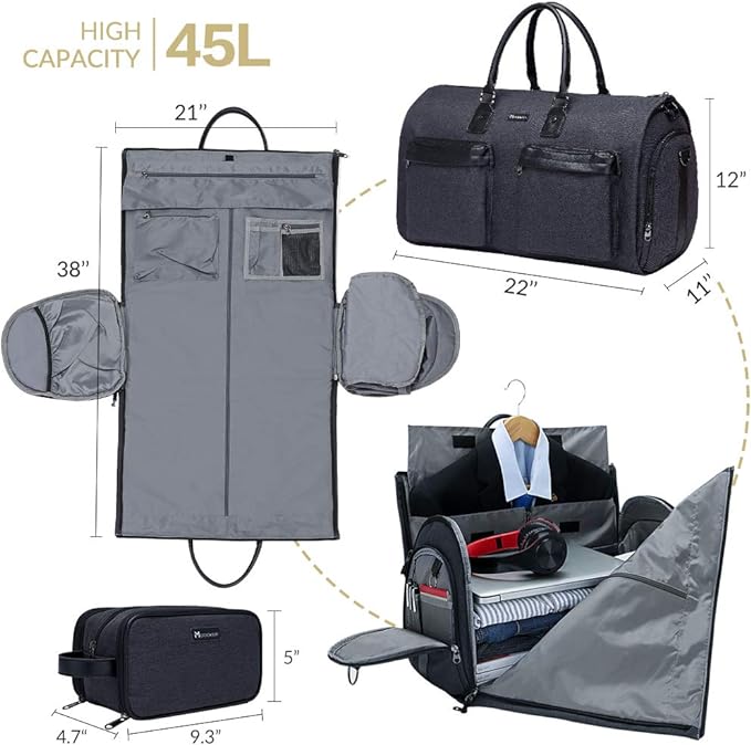 Modoker Convertible Garment Bag with Shoulder Strap, Carry on Garment Duffel Bag for Men Women - 2 in 1 Hanging Suitcase Suit Travel Bags, Jet Black