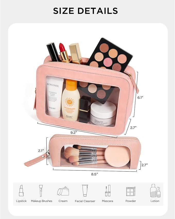 LETGO 2Pack Clear Makeup Bags Set, Small Clear Makeup Bag, PU Leather Travel Makeup Brush Case Portable Transparent Waterproof Cosmetic Organizer Pouch with Zipper for Women(2Pack-White Set)