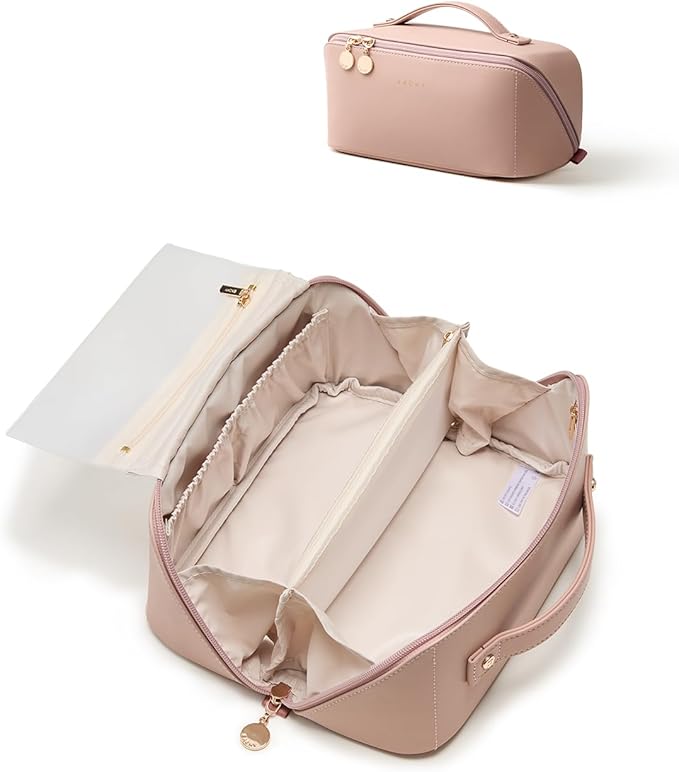 EACHY Travel Makeup Bag, Large Capacity Cosmetic Bag for Women, Waterproof PU Leather, Flat Open Portable Toiletry Bag for Skincare, Brushes & Travel Essentials