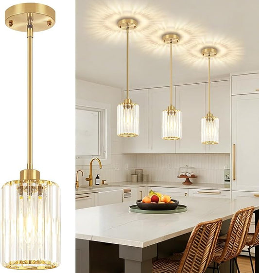 Brushed Brass Crystal Pendant Lights for Kitchen Island 1 Pack | Modern Hanging Kitchen Light Fixtures, Adjustable Pendant Lighting for Dining Room Bathroom Over Island Table Sink