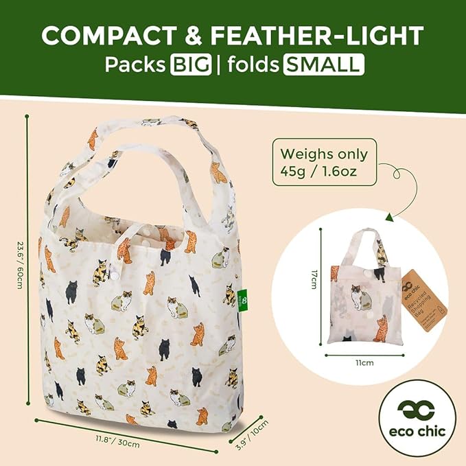 ECO CHIC Foldable Reusable Grocery Bags - Lightweight, Recycled & Reusable Shopping Bag - Waterproof Packable Tote