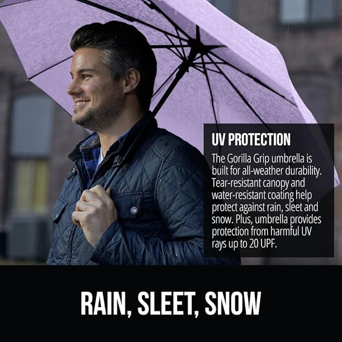GORILLA GRIP Strong Windproof Stick Compact Umbrella for Rain, One-Click Automatic Open and Close, Durable Quick Dry Waterproof Material, Lightweight and Portable, Travel Size Fits Backpack, Purple