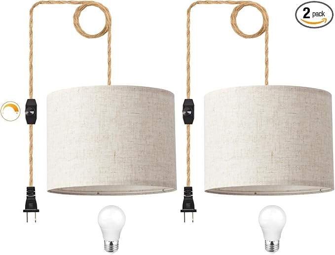 KUAUGST Plug in Pendant Light, Hanging Light with Plug in Cord with Dimmable Switch, Hanging Lamp with 15ft Hemp Rope, Beige Linen Shade, Fixture for Bedroom, Living Room 2 Pack